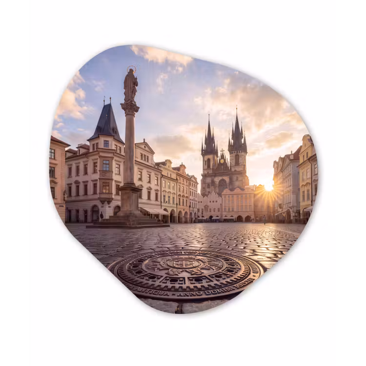 Stad - Praag - Ochtend - Architectuur - Goud Wandcirkel Organisch Forex 3mm klein -3d