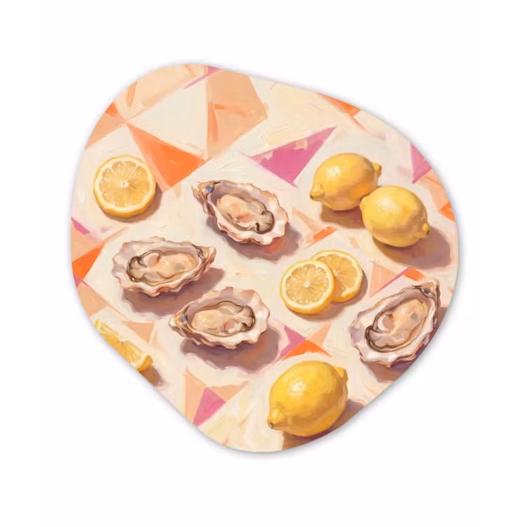 Stilleven - Citroenen - Oesters - Abstract - Oranje Wandcirkel Organisch Forex 3mm klein -3d
