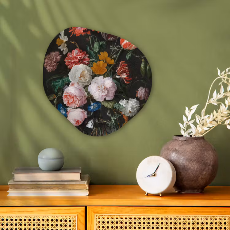 Stilleven met bloemen in een glazen vaas - Schilderij van Jan Davidsz. de Heem Wandcirkel Organisch Forex 3mm klein -sfeer2