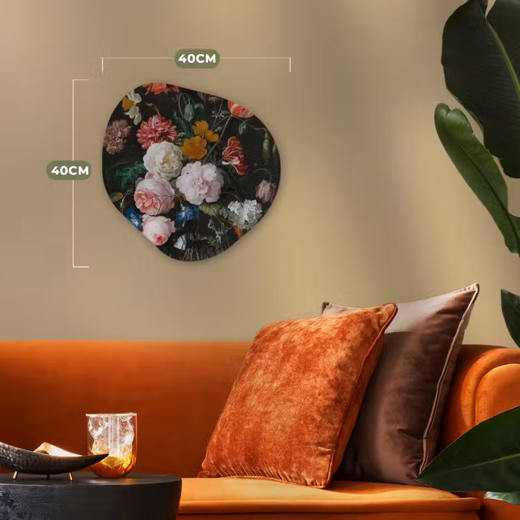 Stilleven met bloemen in een glazen vaas - Schilderij van Jan Davidsz. de Heem Wandcirkel Organisch Forex 3mm klein -sfeer3