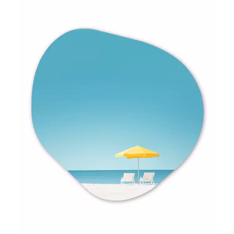 Strand - Blauwe lucht - Geel - Parasol Wandcirkel Organisch Forex 3mm klein -3d