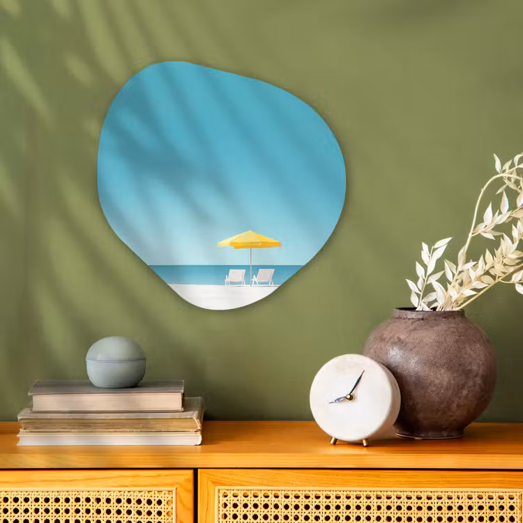 Strand - Blauwe lucht - Geel - Parasol Wandcirkel Organisch Forex 3mm klein -sfeer2