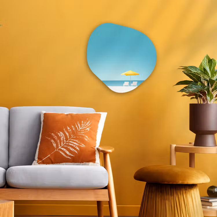 Strand - Blauwe lucht - Geel - Parasol Wandcirkel Organisch Forex 3mm klein -sfeer4