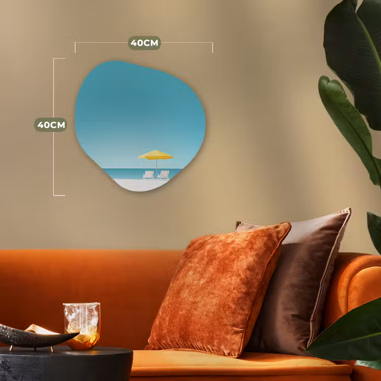 Strand - Blauwe lucht - Geel - Parasol Wandcirkel Organisch Forex 3mm klein -sfeer3