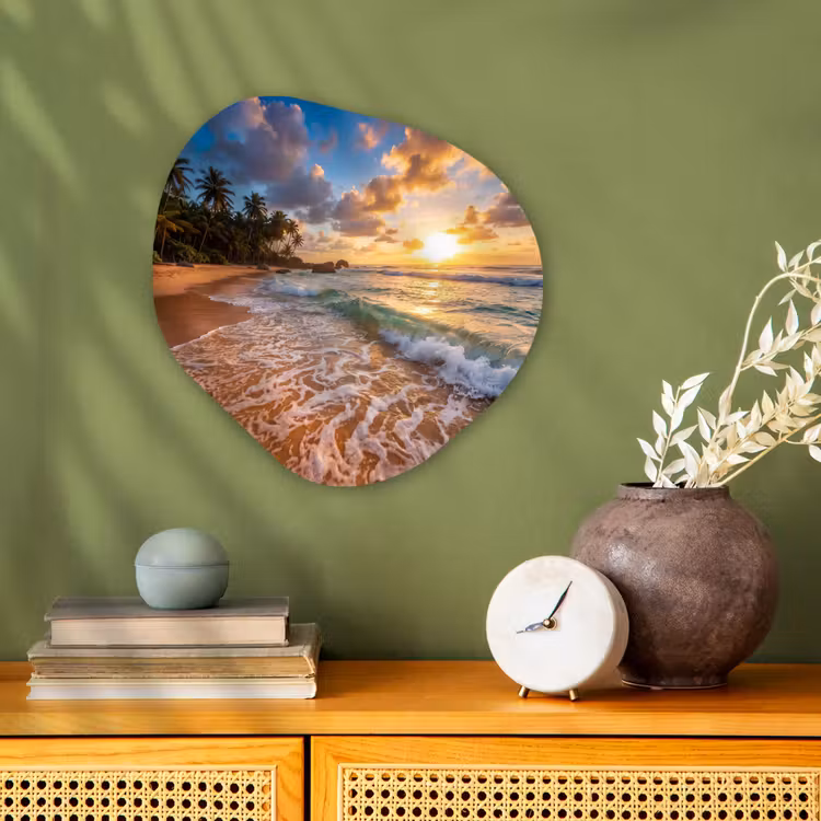 Strand - Zonsondergang - Golven - Natuur - Goud Wandcirkel Organisch Forex 3mm klein -sfeer2