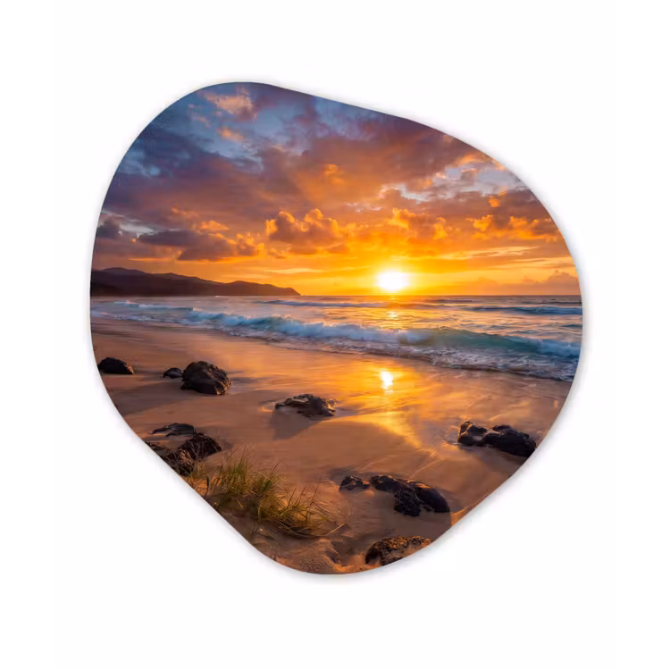 Strand - Zonsondergang - Golven - Natuur - Oranje Wandcirkel Organisch Forex 3mm klein -3d