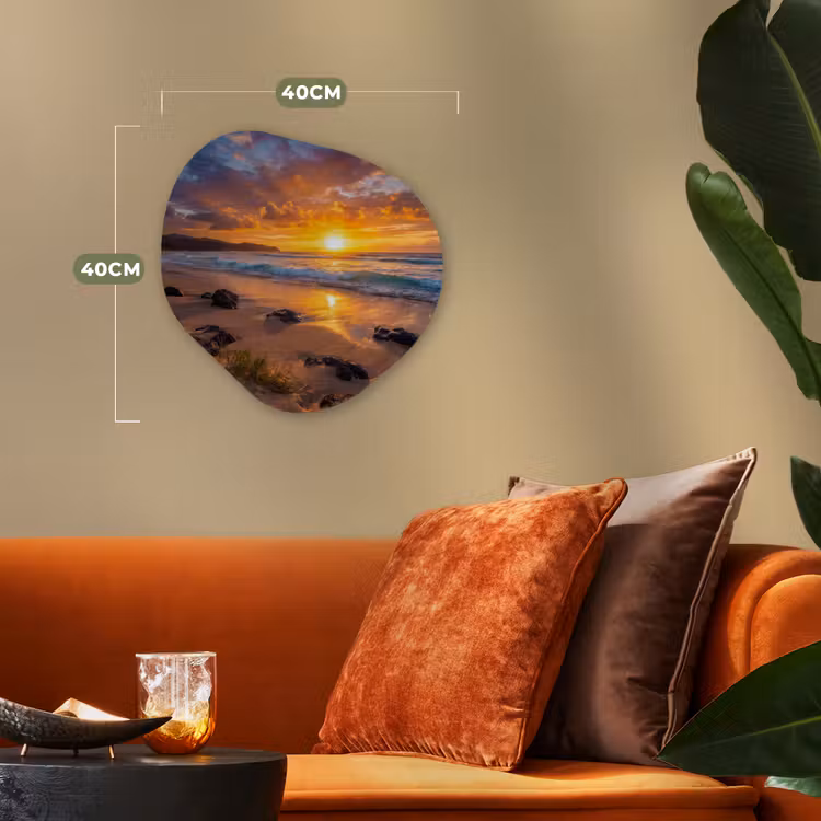 Strand - Zonsondergang - Golven - Natuur - Oranje Wandcirkel Organisch Forex 3mm klein -sfeer3