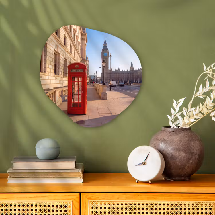 Telefooncel - Rood - Londen - Stad - Architectuur Wandcirkel Organisch Forex 3mm klein -sfeer2