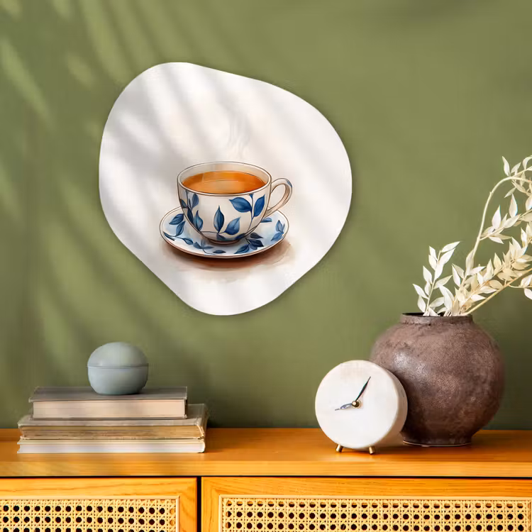 Theekop - Bladeren - Blauw Wandcirkel Organisch Forex 3mm klein -sfeer2