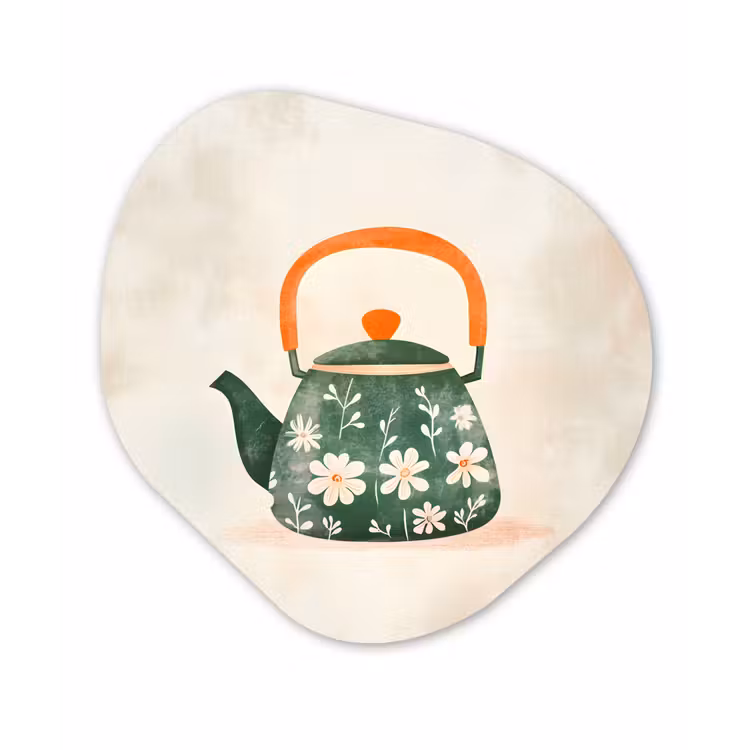 Theepot - Groen - Bloemen - Oranje Wandcirkel Organisch Forex 3mm klein -3d