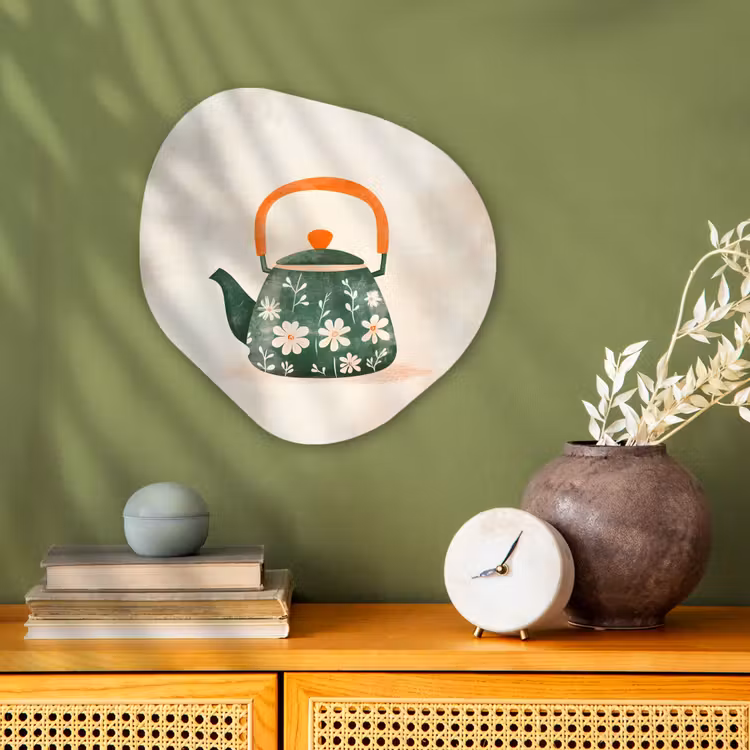 Theepot - Groen - Bloemen - Oranje Wandcirkel Organisch Forex 3mm klein -sfeer2
