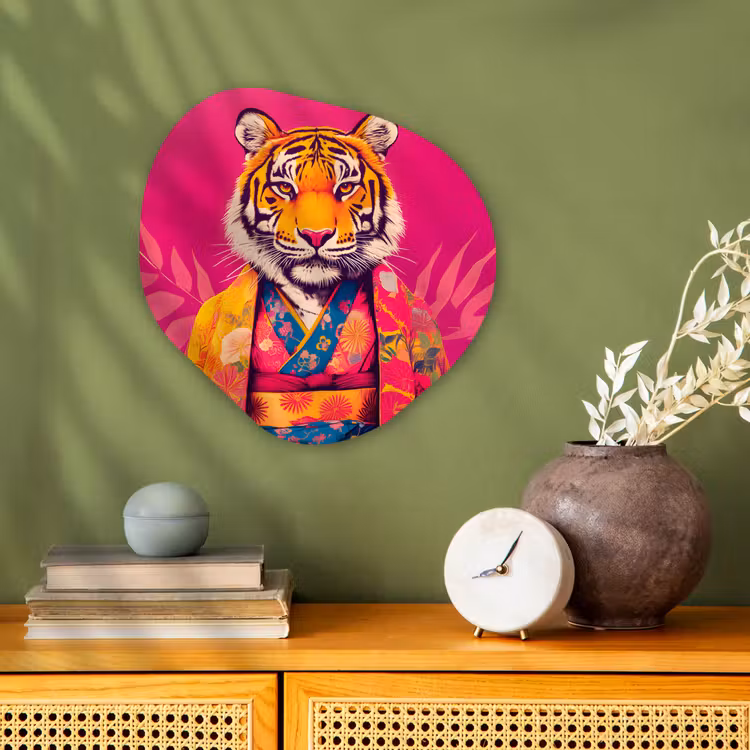 Tijger - Kimono - Planten - Roze Wandcirkel Organisch Forex 3mm klein -sfeer2