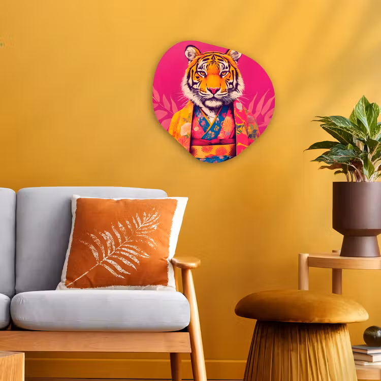 Tijger - Kimono - Planten - Roze Wandcirkel Organisch Forex 3mm klein -sfeer4