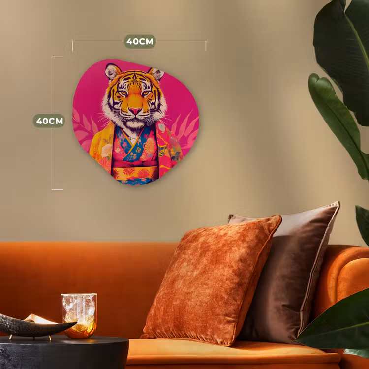 Tijger - Kimono - Planten - Roze Wandcirkel Organisch Forex 3mm klein -sfeer3
