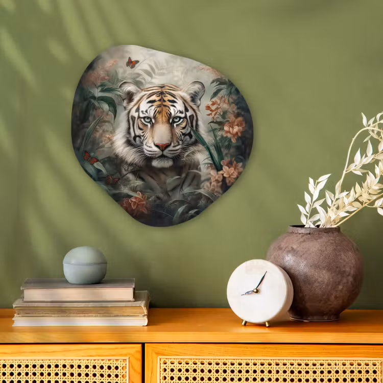 Tijger - Vlinders - Dieren - Jungle - Bloemen Wandcirkel Organisch Forex 3mm klein -sfeer2