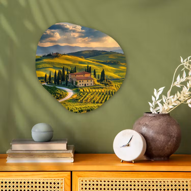 Toscane - Landschap - Wijngaarden Wandcirkel Organisch Forex 3mm klein -sfeer2