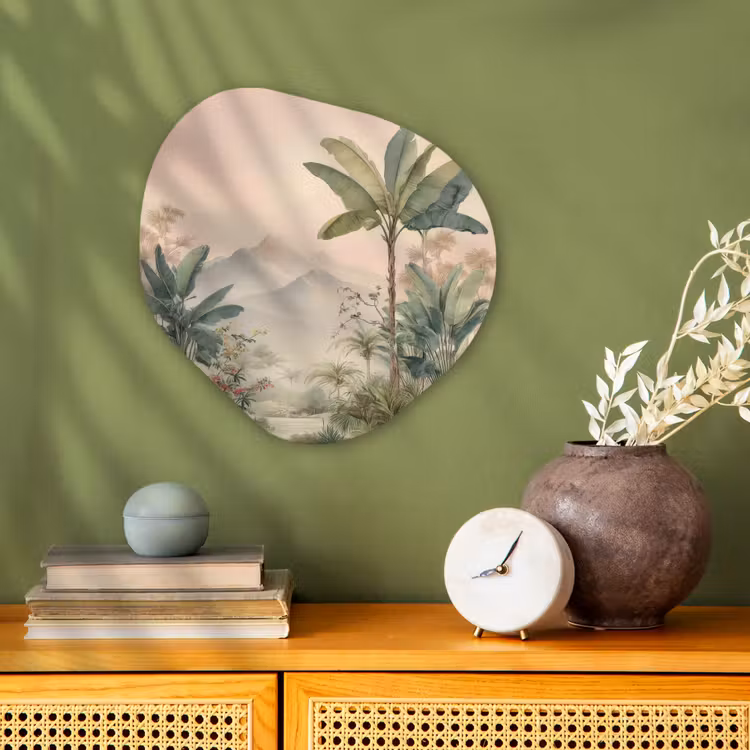 Tropisch landschap - palmbomen - Bloemen - Roze lucht Wandcirkel Organisch Forex 3mm klein -sfeer2