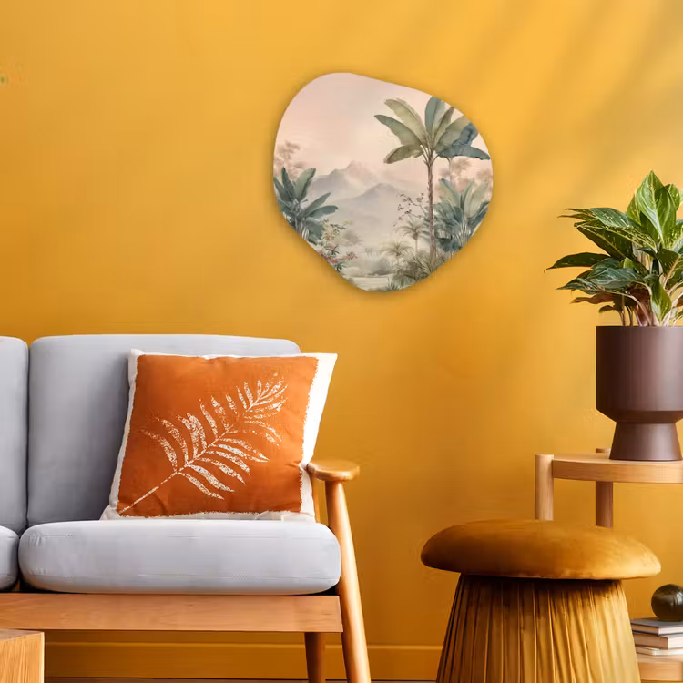 Tropisch landschap - palmbomen - Bloemen - Roze lucht Wandcirkel Organisch Forex 3mm klein -sfeer4