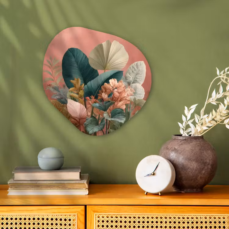 Tropische bladeren - Bloemen - Roze - groen Wandcirkel Organisch Forex 3mm klein -sfeer2