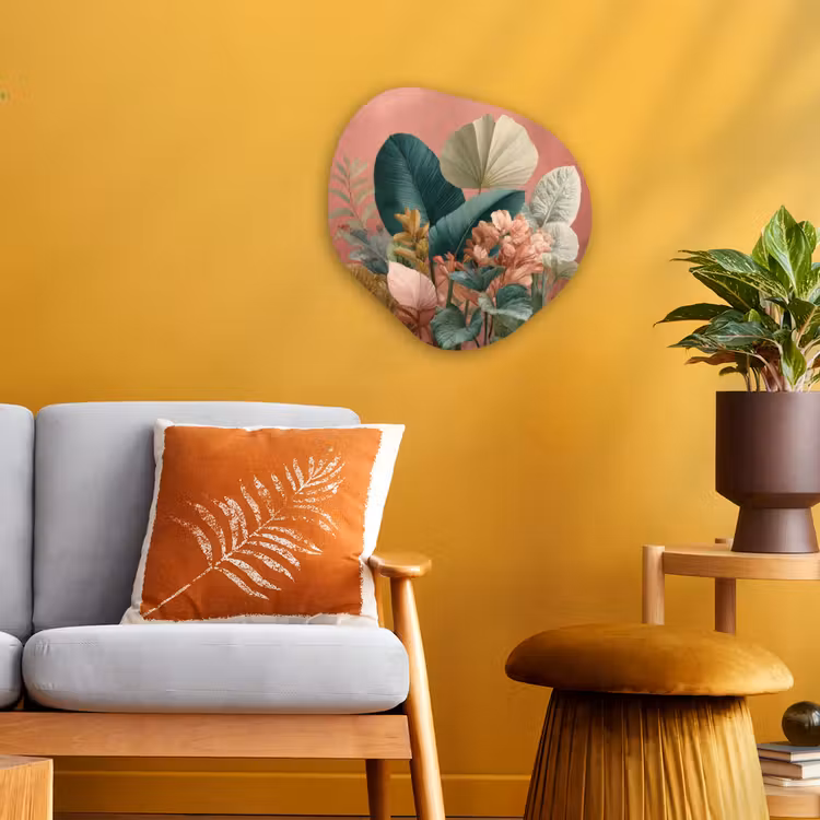Tropische bladeren - Bloemen - Roze - groen Wandcirkel Organisch Forex 3mm klein -sfeer4