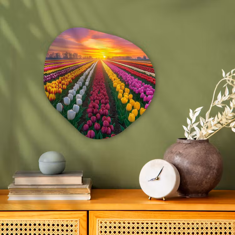 Tulpenveld - Zonsondergang - Kleurrijk Wandcirkel Organisch Forex 3mm klein -sfeer2