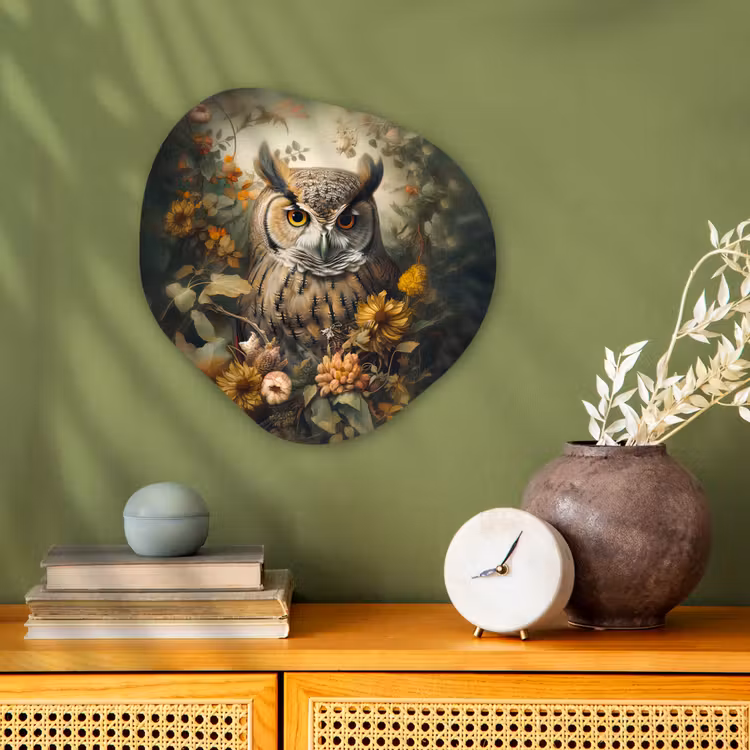 Uil - Vogels - Bloemen - Natuur Wandcirkel Organisch Forex 3mm klein -sfeer2