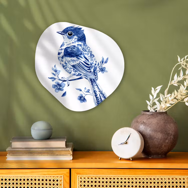 Vogel - Delfts blauw - Illustratie - Bloemen Wandcirkel Organisch Forex 3mm klein -sfeer2