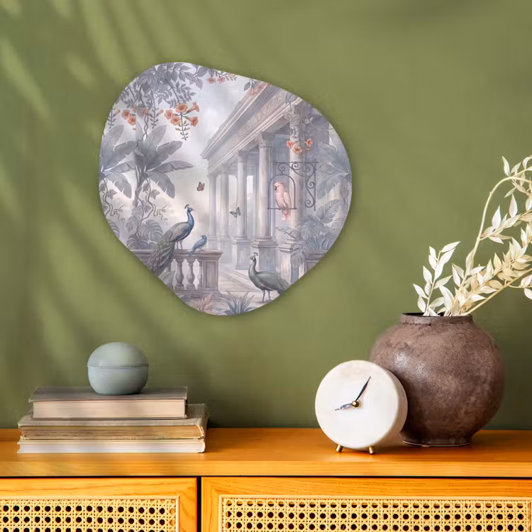 Vogel - Pauw - Architectuur - Klassiek - Groen Wandcirkel Organisch Forex 3mm klein -sfeer2