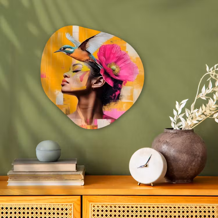 Vogel - Vrouw - Abstract - Bloem Wandcirkel Organisch Forex 3mm klein -sfeer2