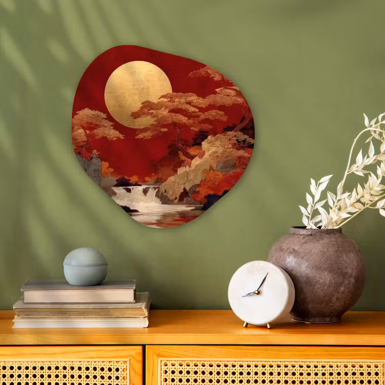 Volle maan - Landschap - Waterval Wandcirkel Organisch Forex 3mm klein -sfeer2