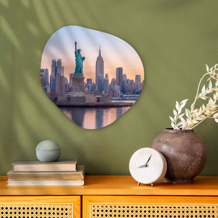 Vrijheidsbeeld - New York - Zonsopgang - Stad - Architectuur Wandcirkel Organisch Forex 3mm klein -sfeer2