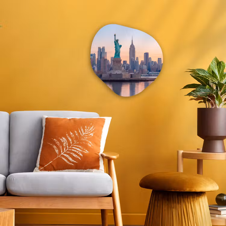Vrijheidsbeeld - New York - Zonsopgang - Stad - Architectuur Wandcirkel Organisch Forex 3mm klein -sfeer4