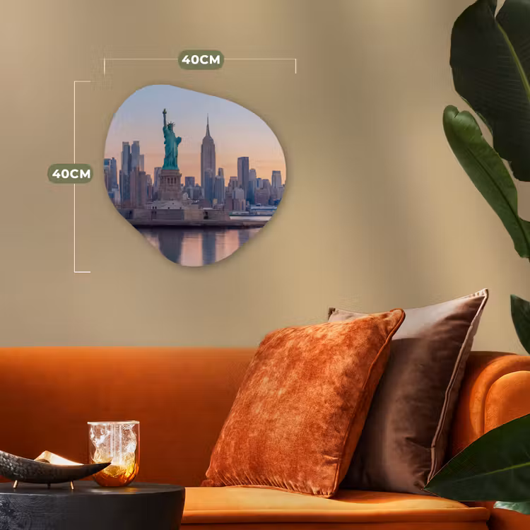 Vrijheidsbeeld - New York - Zonsopgang - Stad - Architectuur Wandcirkel Organisch Forex 3mm klein -sfeer3