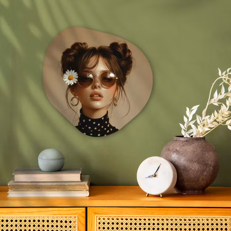 Vrouw - Beige - Bloem - Modern - Portret Wandcirkel Organisch Forex 3mm klein -sfeer2