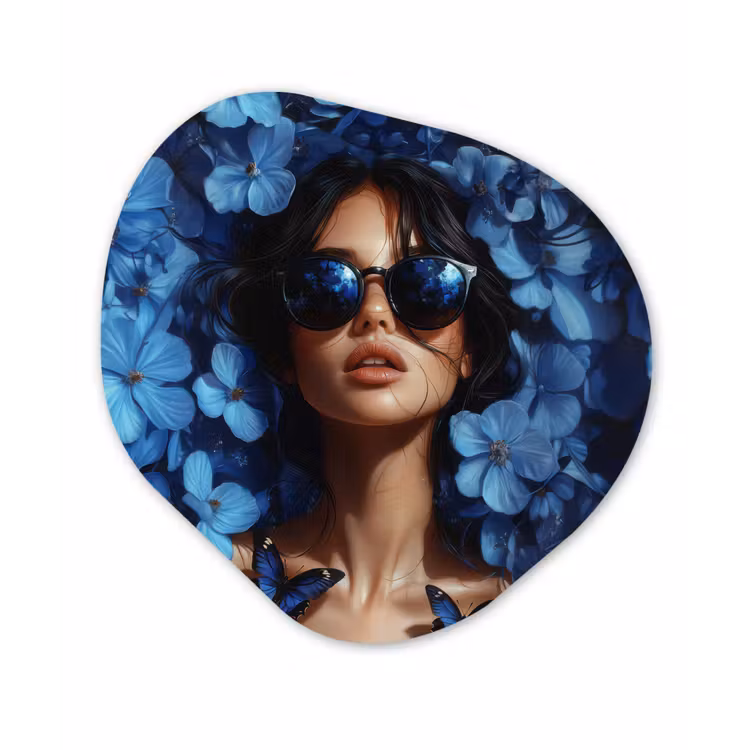 Vrouw - Blauw - Bloemen - Vlinders - Natuur Wandcirkel Organisch Forex 3mm klein -3d