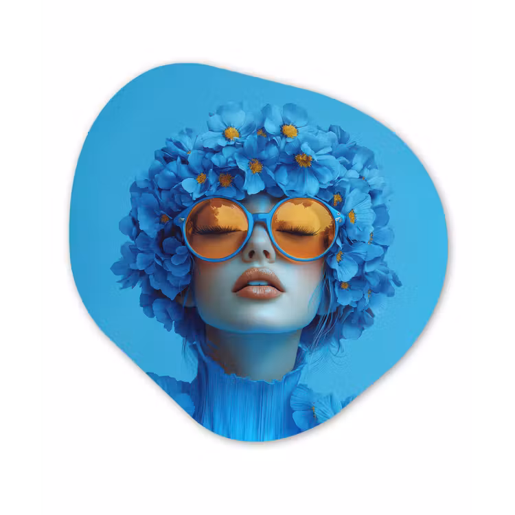 Vrouw - Bloem - Blauw - Modern - Bril - Portret Wandcirkel Organisch Forex 3mm klein -3d