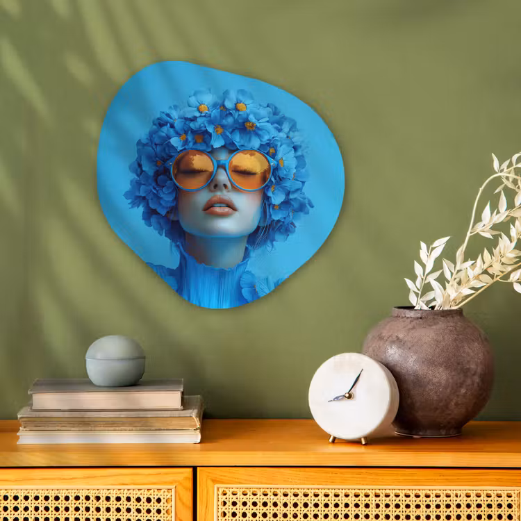 Vrouw - Bloem - Blauw - Modern - Bril - Portret Wandcirkel Organisch Forex 3mm klein -sfeer2