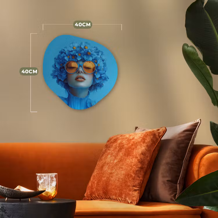 Vrouw - Bloem - Blauw - Modern - Bril - Portret Wandcirkel Organisch Forex 3mm klein -sfeer3