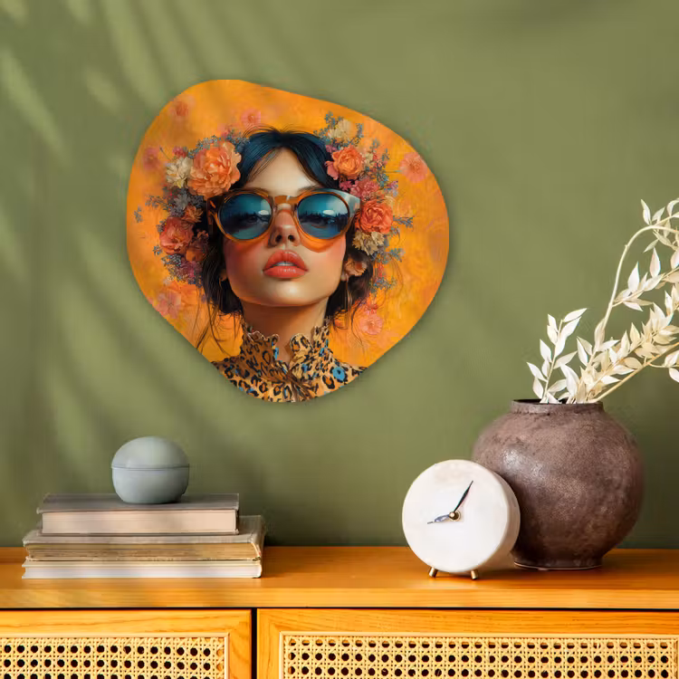 Vrouw - Bloemen - Aesthetic - Oranje Wandcirkel Organisch Forex 3mm klein -sfeer2