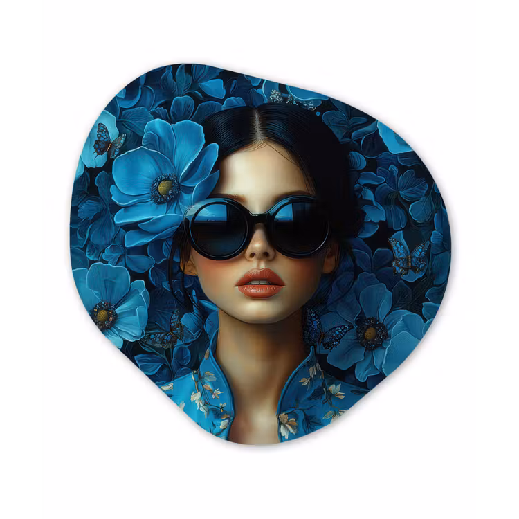 Vrouw - Bloemen - Blauw - Aesthetic - Luxe Wandcirkel Organisch Forex 3mm klein -3d