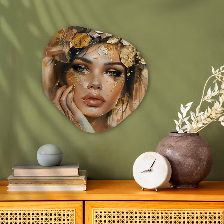 Vrouw - Bloemen - Goud - Portret Wandcirkel Organisch Forex 3mm klein -sfeer2
