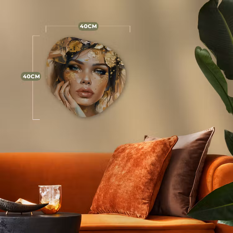 Vrouw - Bloemen - Goud - Portret Wandcirkel Organisch Forex 3mm klein -sfeer3