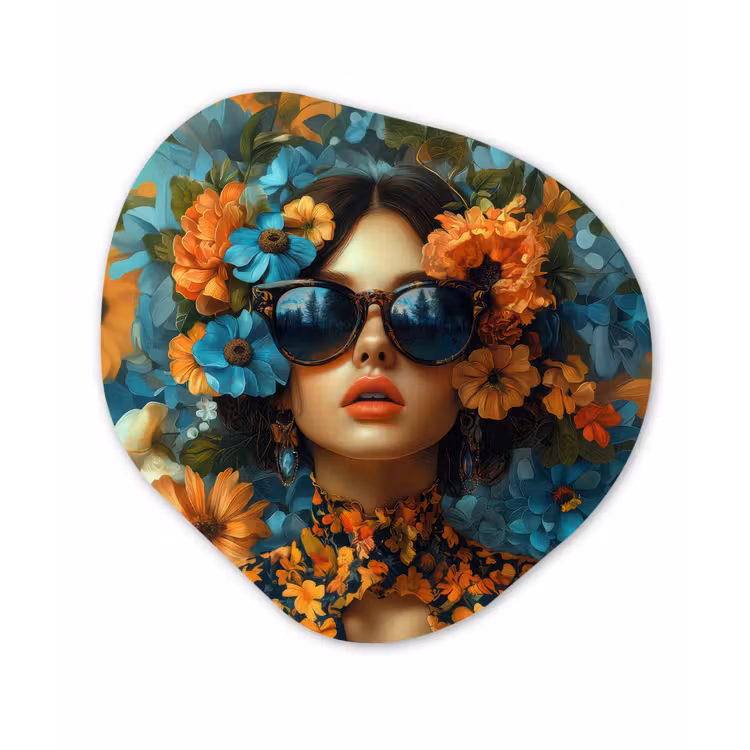 Vrouw - Bloemen - Oranje - Blauw - Modern Wandcirkel Organisch Forex 3mm klein -3d