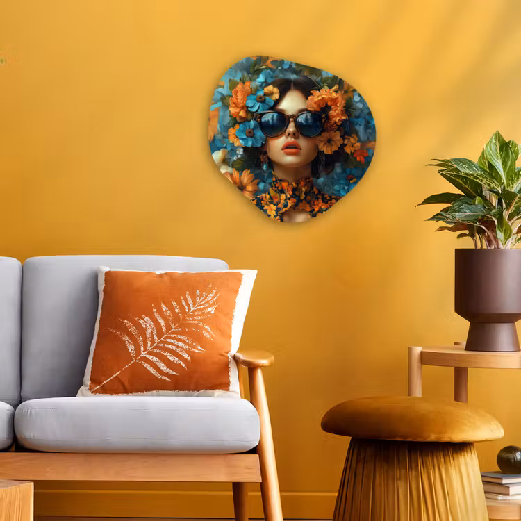 Vrouw - Bloemen - Oranje - Blauw - Modern Wandcirkel Organisch Forex 3mm klein -sfeer4