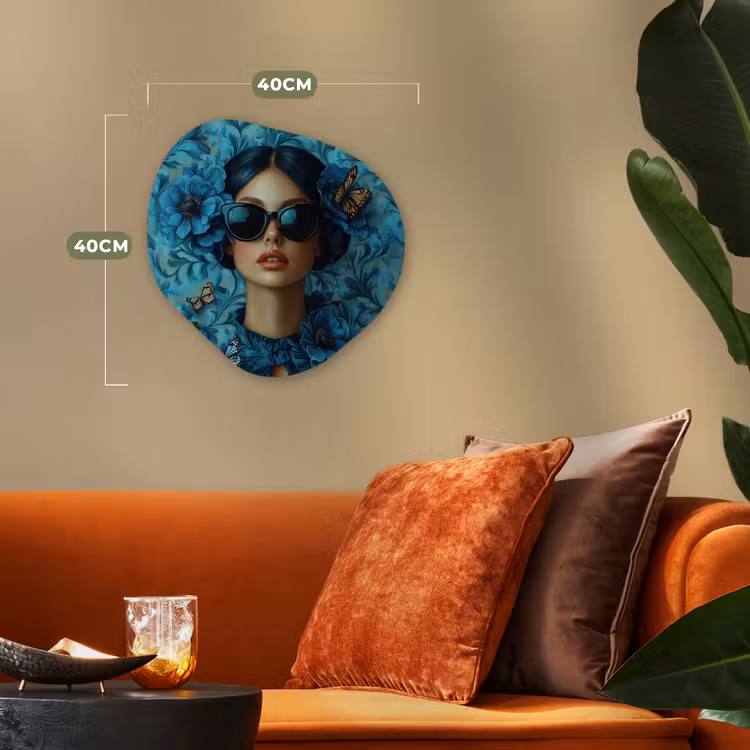 Vrouw - Bloemen - Vlinders - Blauw - Abstract Wandcirkel Organisch Forex 3mm klein -sfeer3