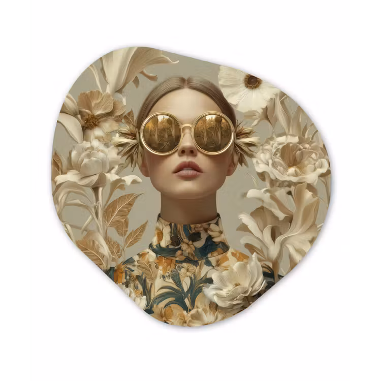 Vrouw - Bloemen - Zonnebril - Wit Wandcirkel Organisch Forex 3mm klein -3d