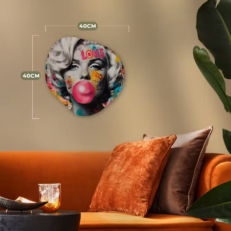 Vrouw - Kauwgom - Graffiti - Neonkleuren Wandcirkel Organisch Forex 3mm klein -sfeer3