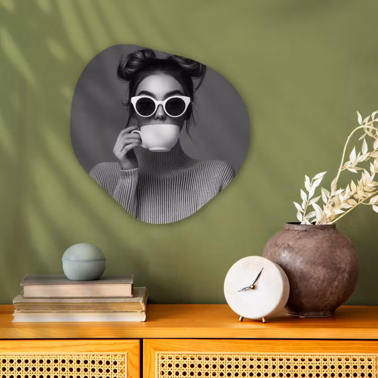 Vrouw - Koffie - Zwart - Wit Wandcirkel Organisch Forex 3mm klein -sfeer2
