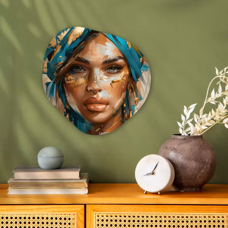 Vrouw - Portret - Goud - Luxe - Blauw Wandcirkel Organisch Forex 3mm klein -sfeer2