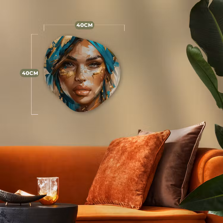 Vrouw - Portret - Goud - Luxe - Blauw Wandcirkel Organisch Forex 3mm klein -sfeer3